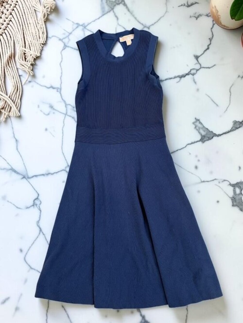 Michael Kors Navy Blue Knit Dress Size Small Keyhole Back Fit & Flare